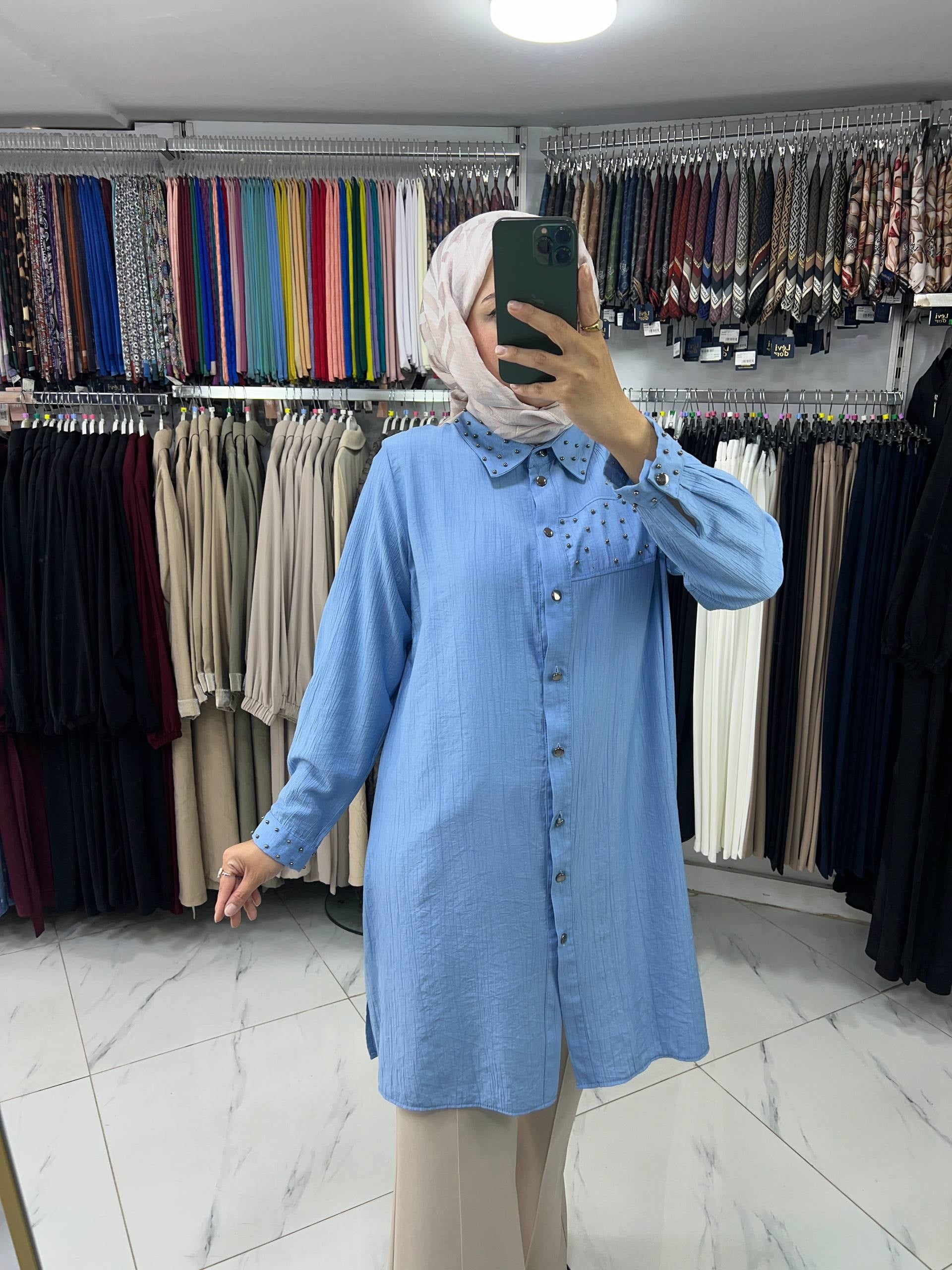 7087 Şura Çilek Kumaş Tunik MAVİ