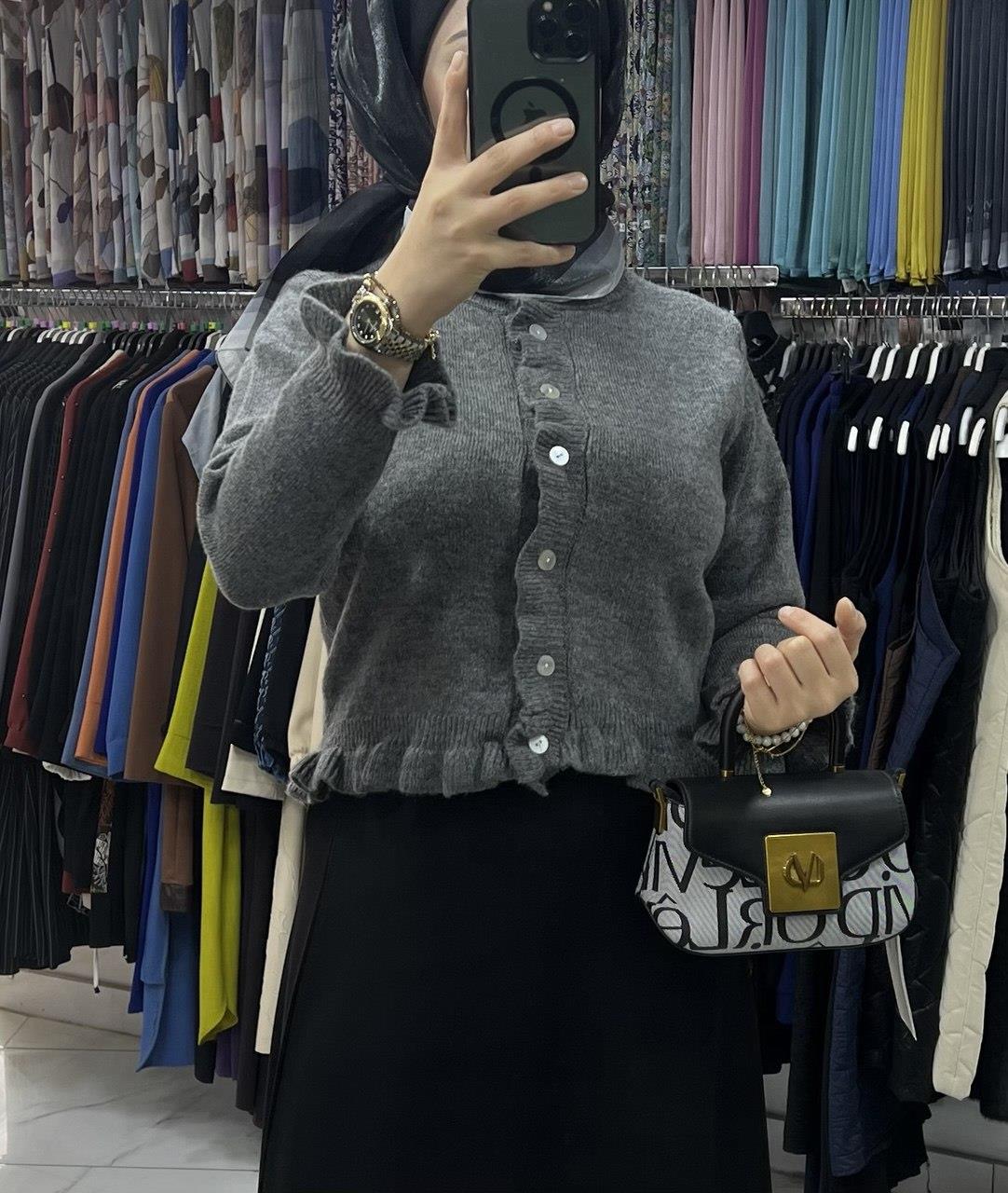 93166 Allday Etegi FIrfırlı Kısa Triko Hırkan GRİ