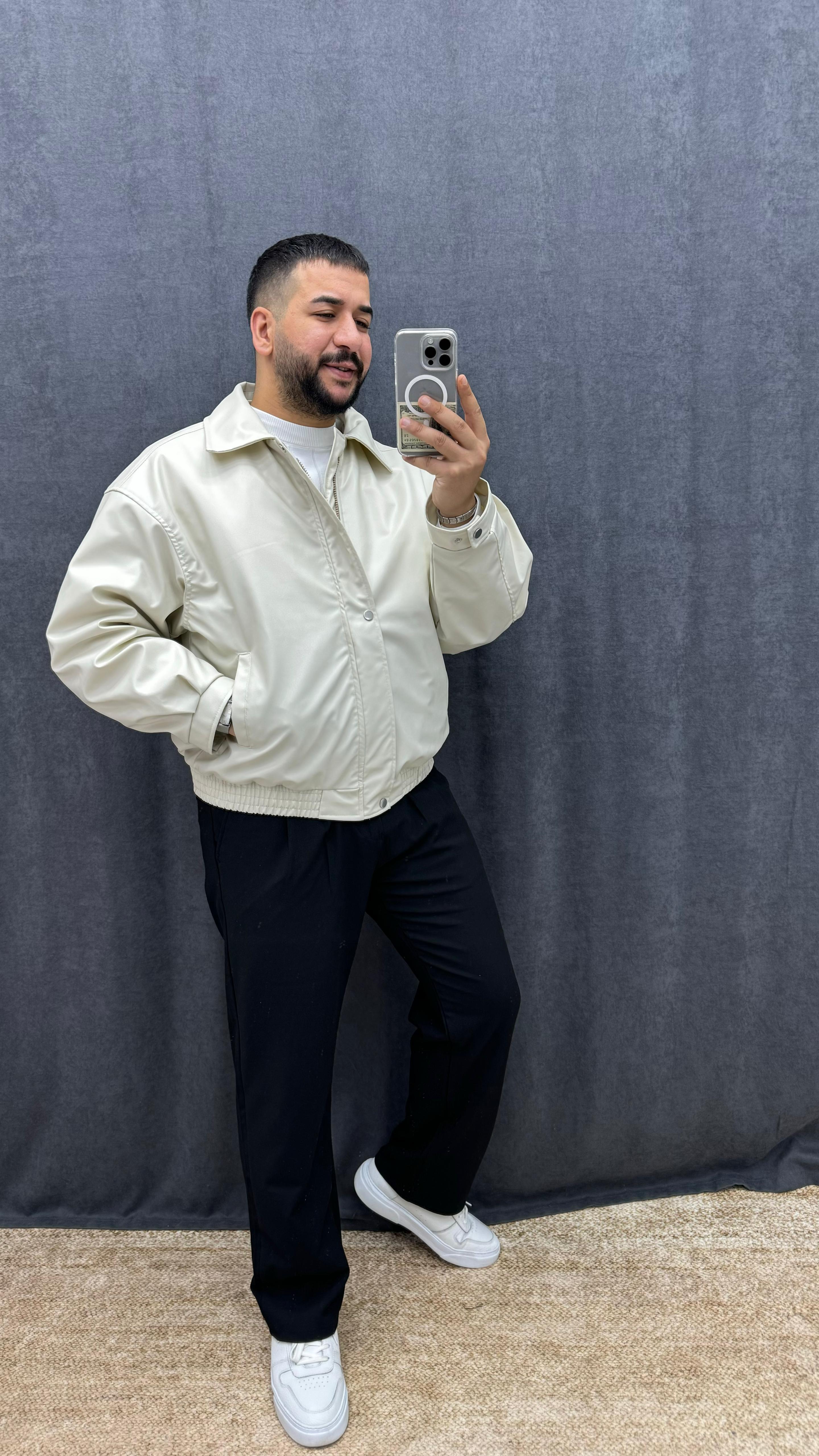 Bomber Oversize Şişme Deri Mont Krem
