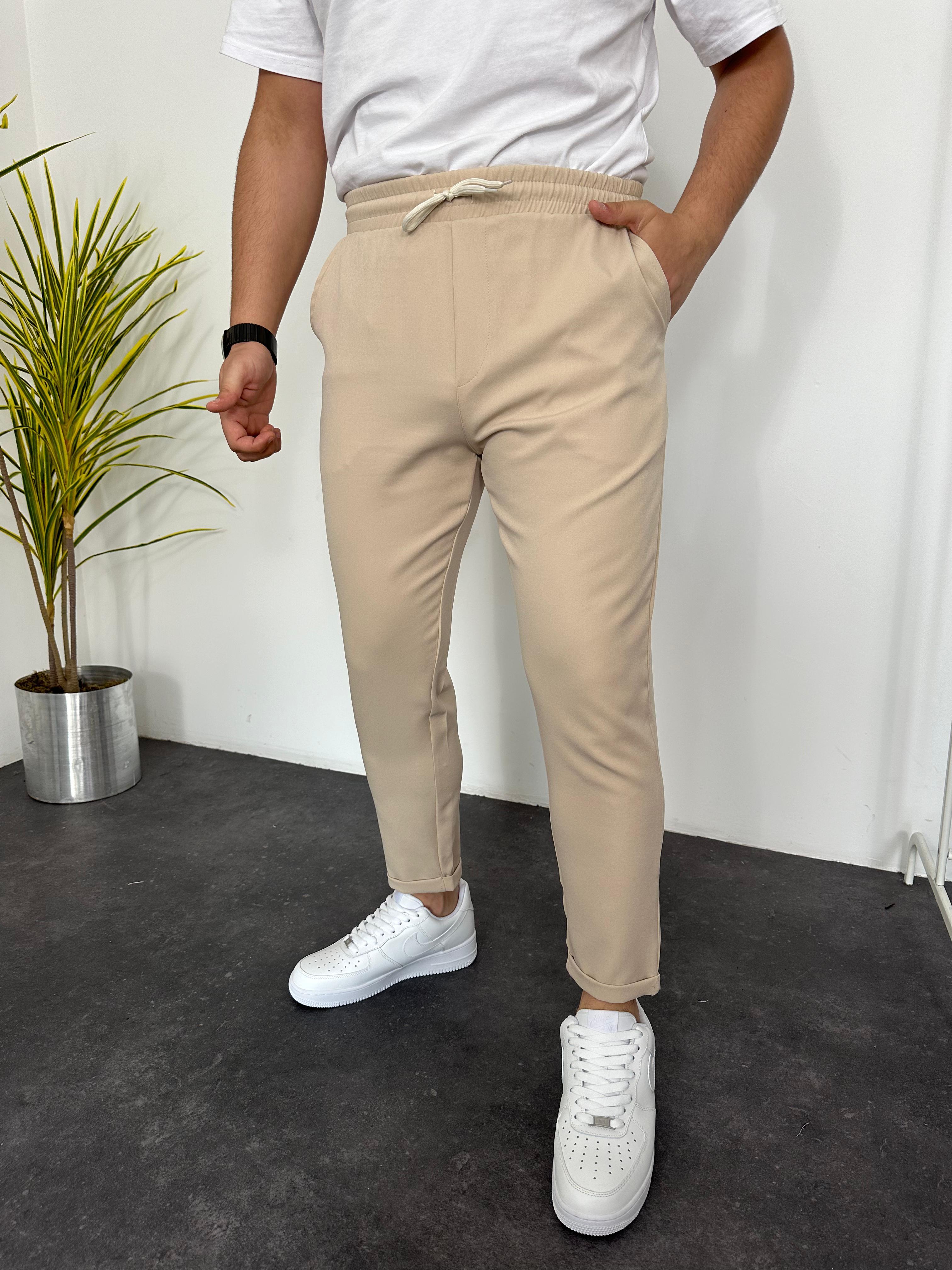 Duble Paça Likralı Pantolon Krem