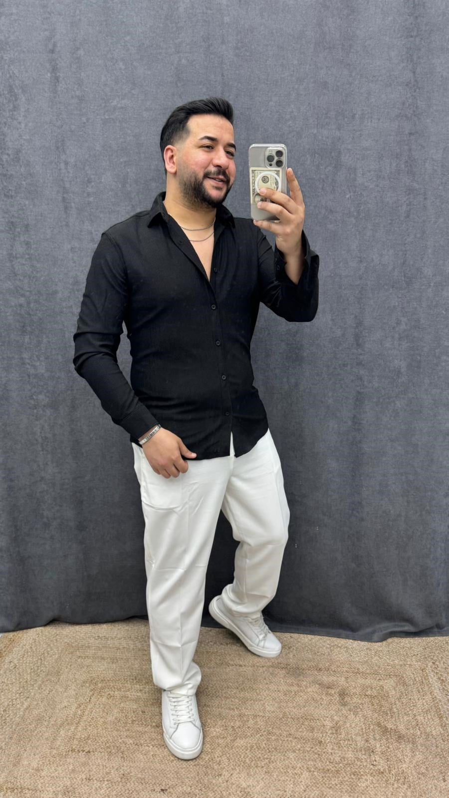 Gofre Kumaş Ful Likralı Gömlek Siyah