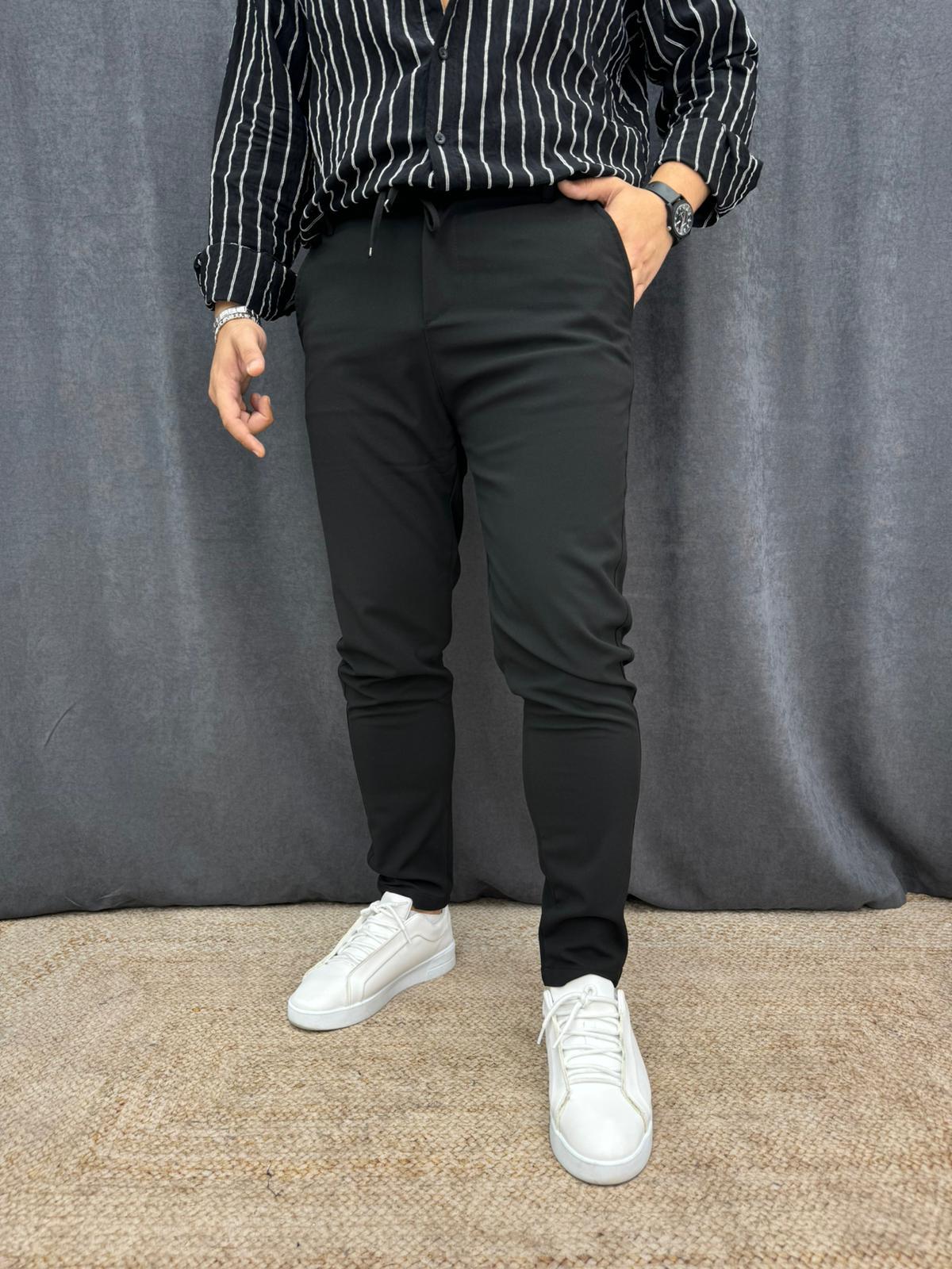 İp Bel Detaylı Slim Fit Likralı Kumaş Pantolon Siyah