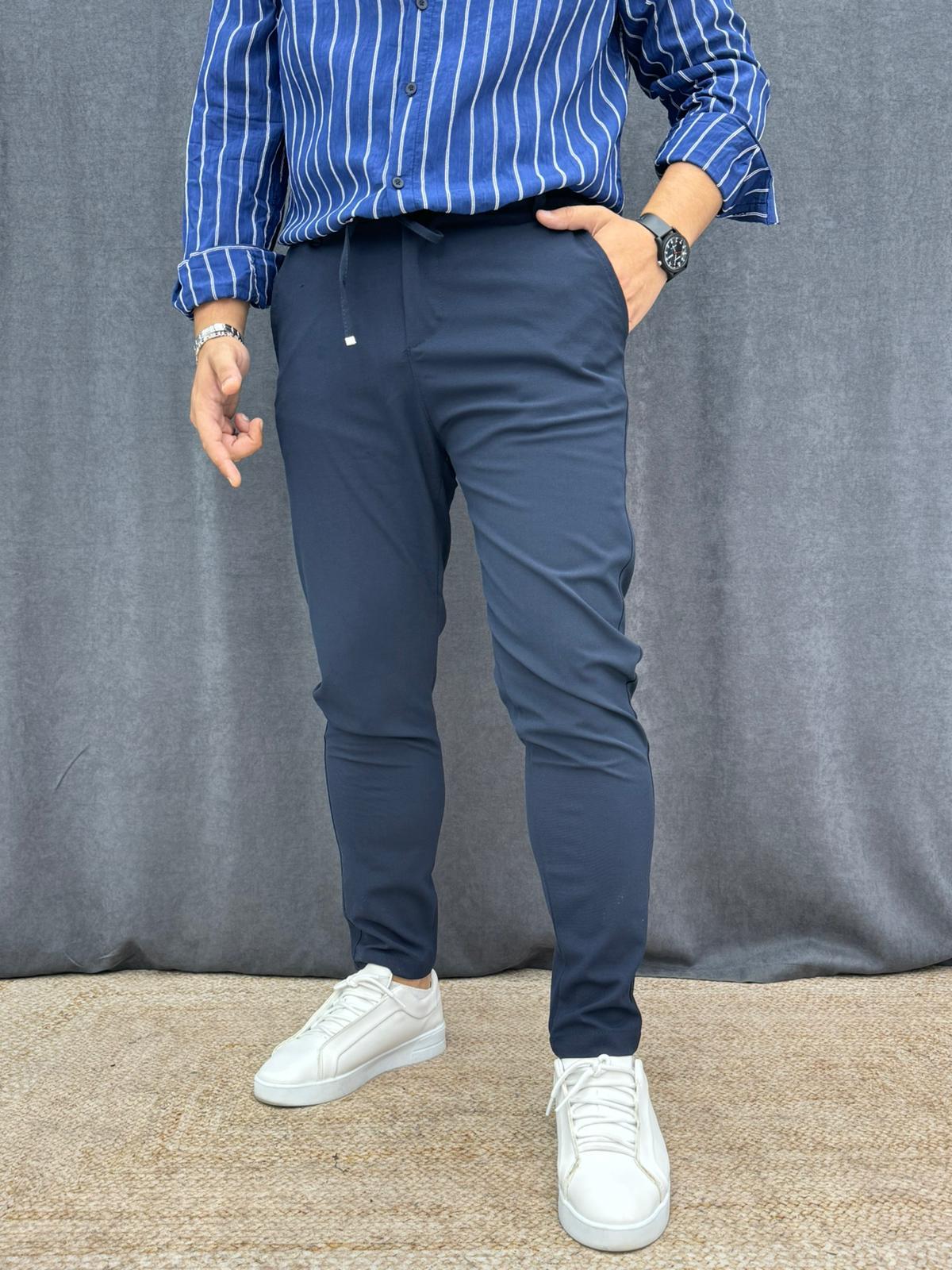 İp Bel Detaylı Slim Fit Likralı Kumaş Pantolon Lacivert