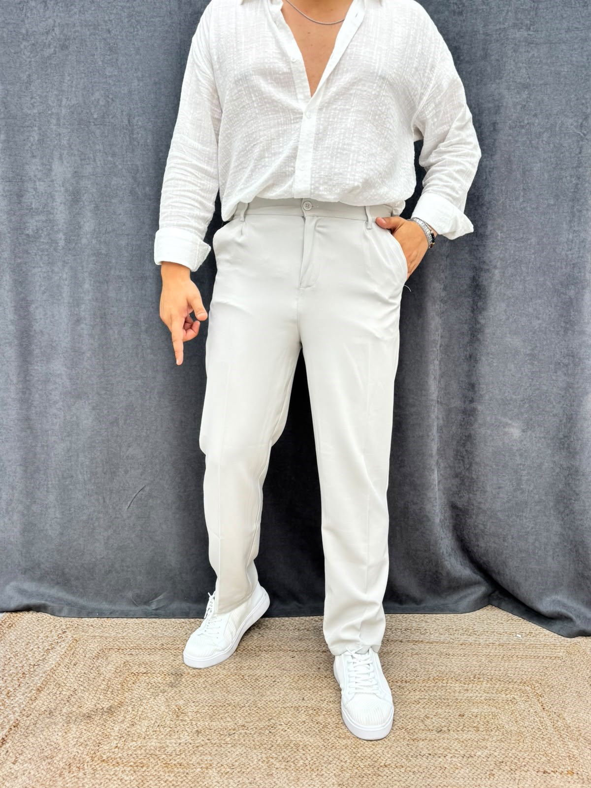 İthal Kumaş Tek Pileli Baggy Kumaş Pantolon Taş Gri