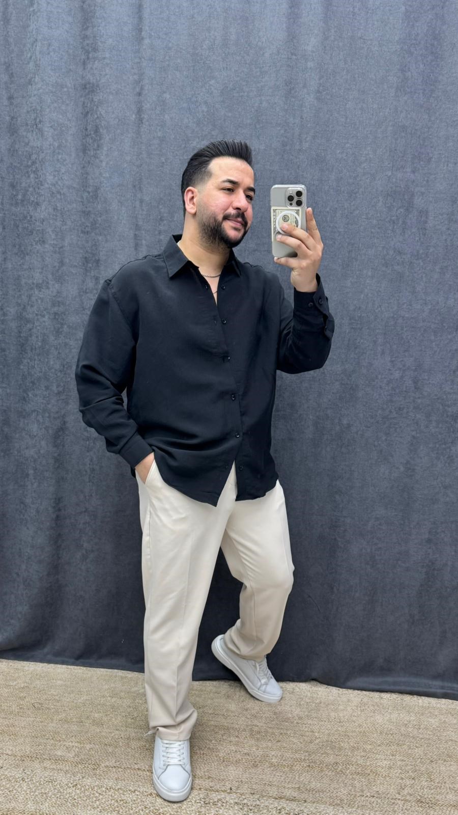 Kendinden Desenli Modal Kumaş Oversize Gömlek Siyah