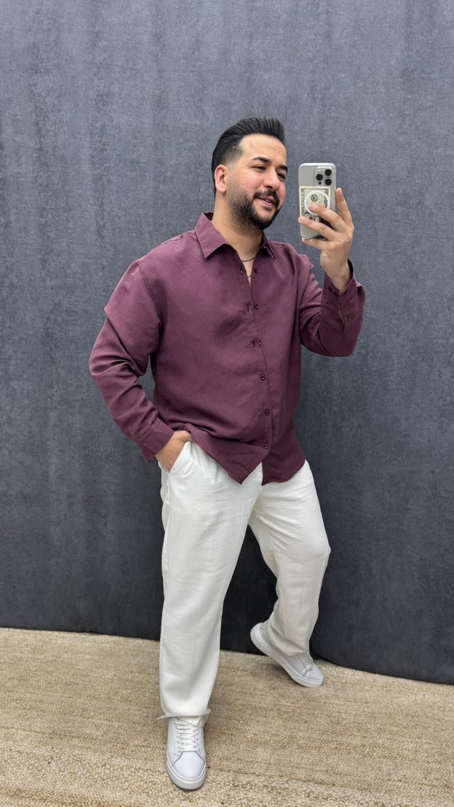 Kendinden Desenli Modal Kumaş Oversize Gömlek Bordo