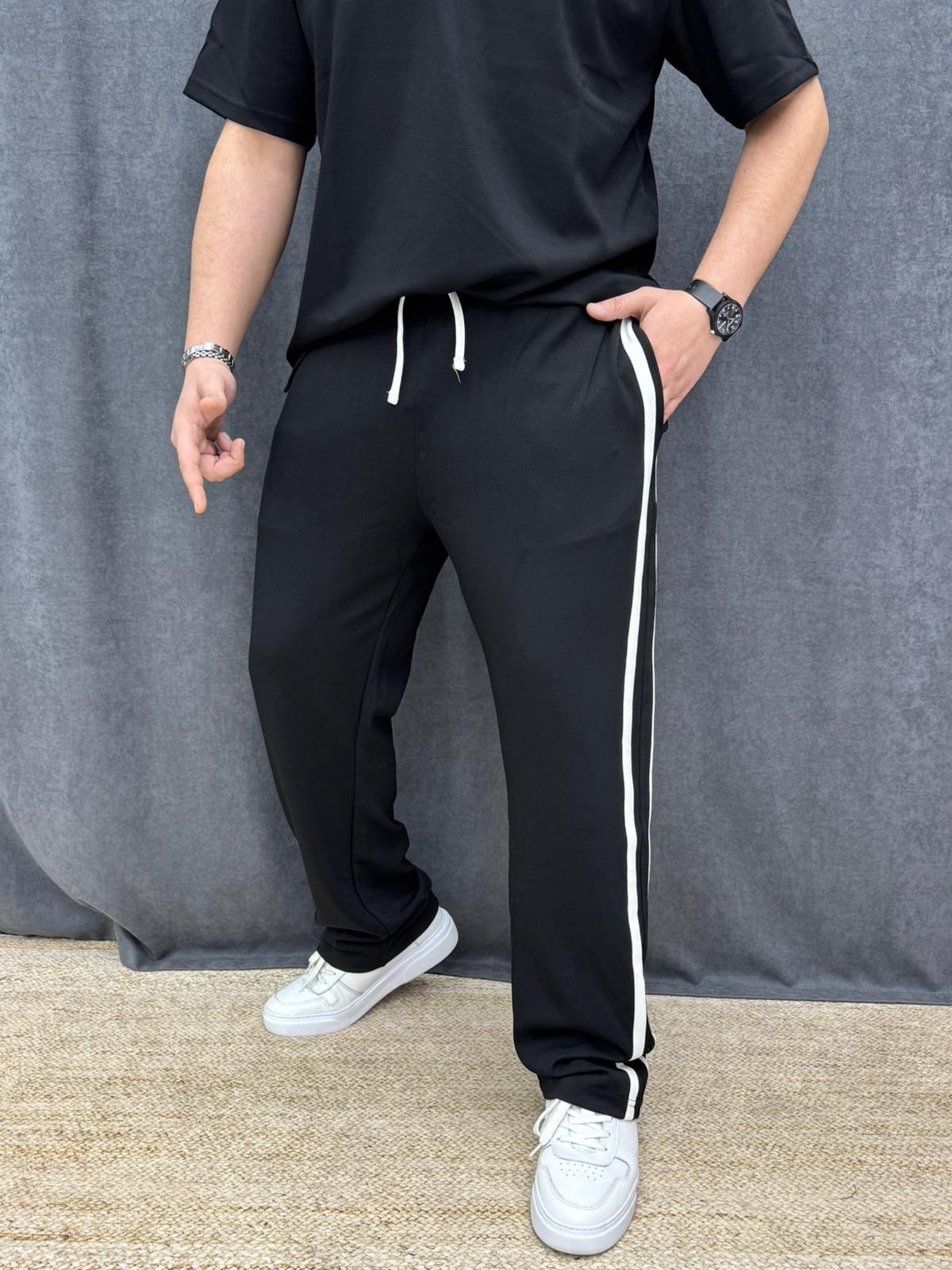 Modal Kumaş Şeritli Baggy Pantolon Siyah