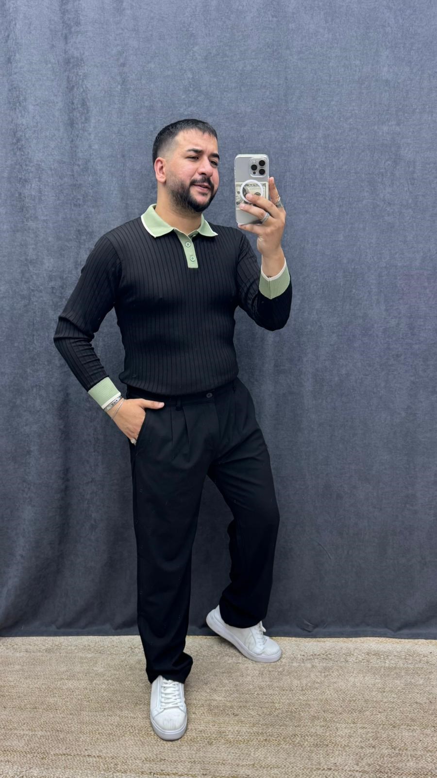 Yaka Kol Detaylı Polo Yaka Slimfit Triko Siyah