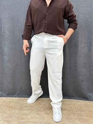 Baggy Tek Pileli Likralı Bel Lastikli Kumaş Pantolon Beyaz