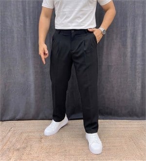 ÇİFT PİLE DETAYLI BEL LASTİKLİ BAGGY KIŞLIK KUMAŞ PANTOLON SİYAH