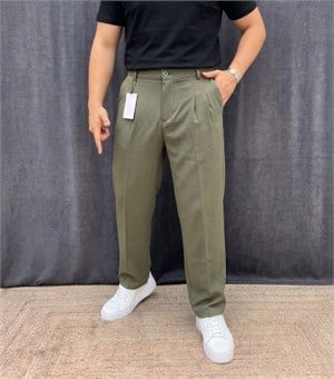 ÇİFT PİLE DETAYLI BEL LASTİKLİ BAGGY KIŞLIK KUMAŞ PANTOLON HAKİ