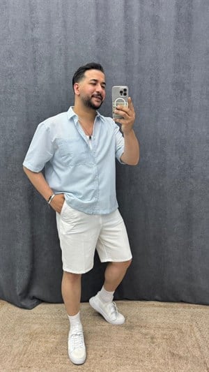 Crop Kesim Tek Cep Oversize Gömlek Bebe Mavi