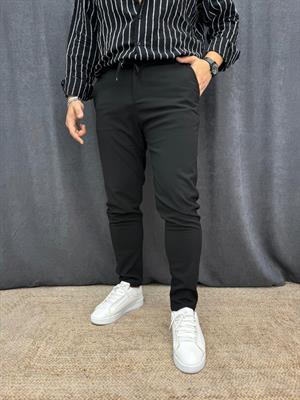 İp Bel Detaylı Slim Fit Likralı Kumaş Pantolon Siyah