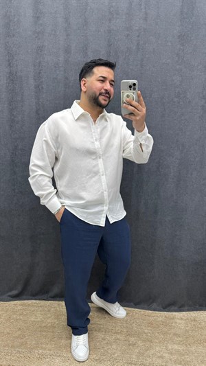 Kendinden Desenli Modal Kumaş Oversize Gömlek Beyaz