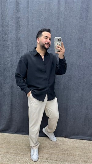 Kendinden Desenli Modal Kumaş Oversize Gömlek Siyah