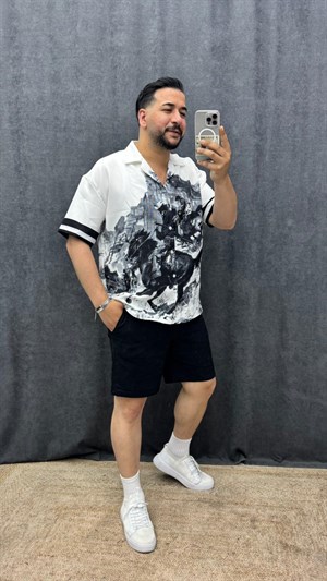Kovboy Dijital Baskılı Oversize Kısa Kol Gömlek