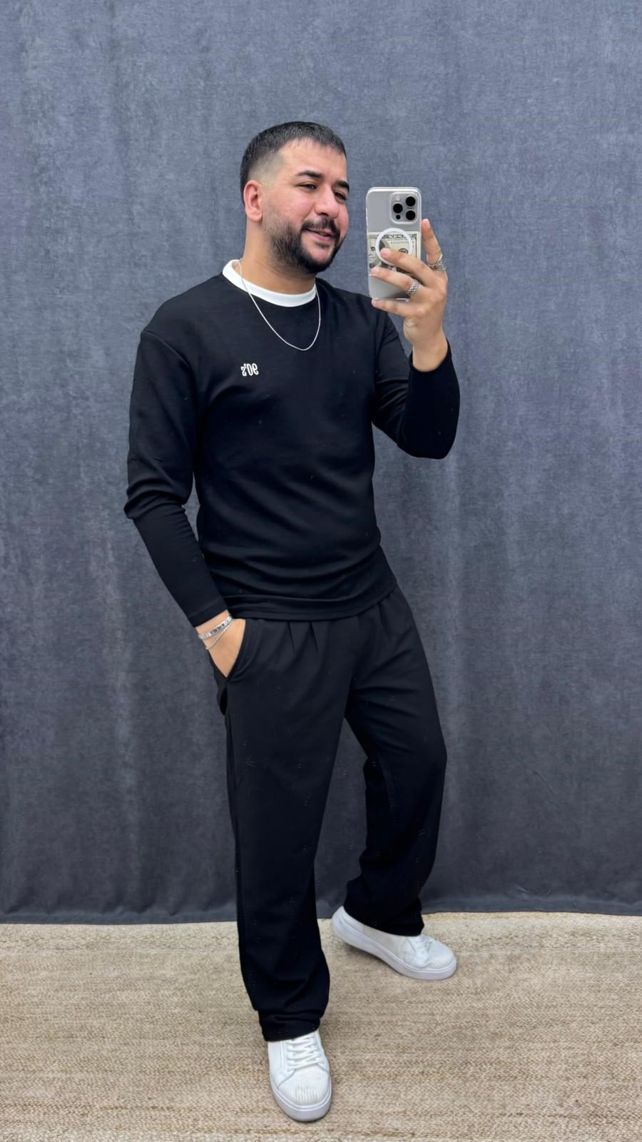 90 Nakışlı Yaka Detaylı Oysh Kumaş Ful Likralı Sweat Siyah