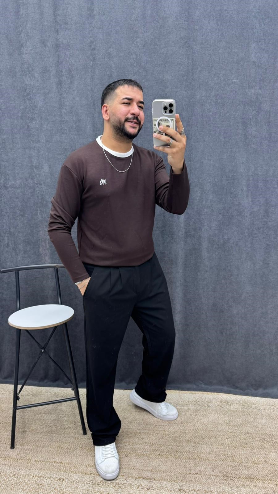90 Nakışlı Yaka Detaylı Oysh Kumaş Ful Likralı Sweat Kahverengi