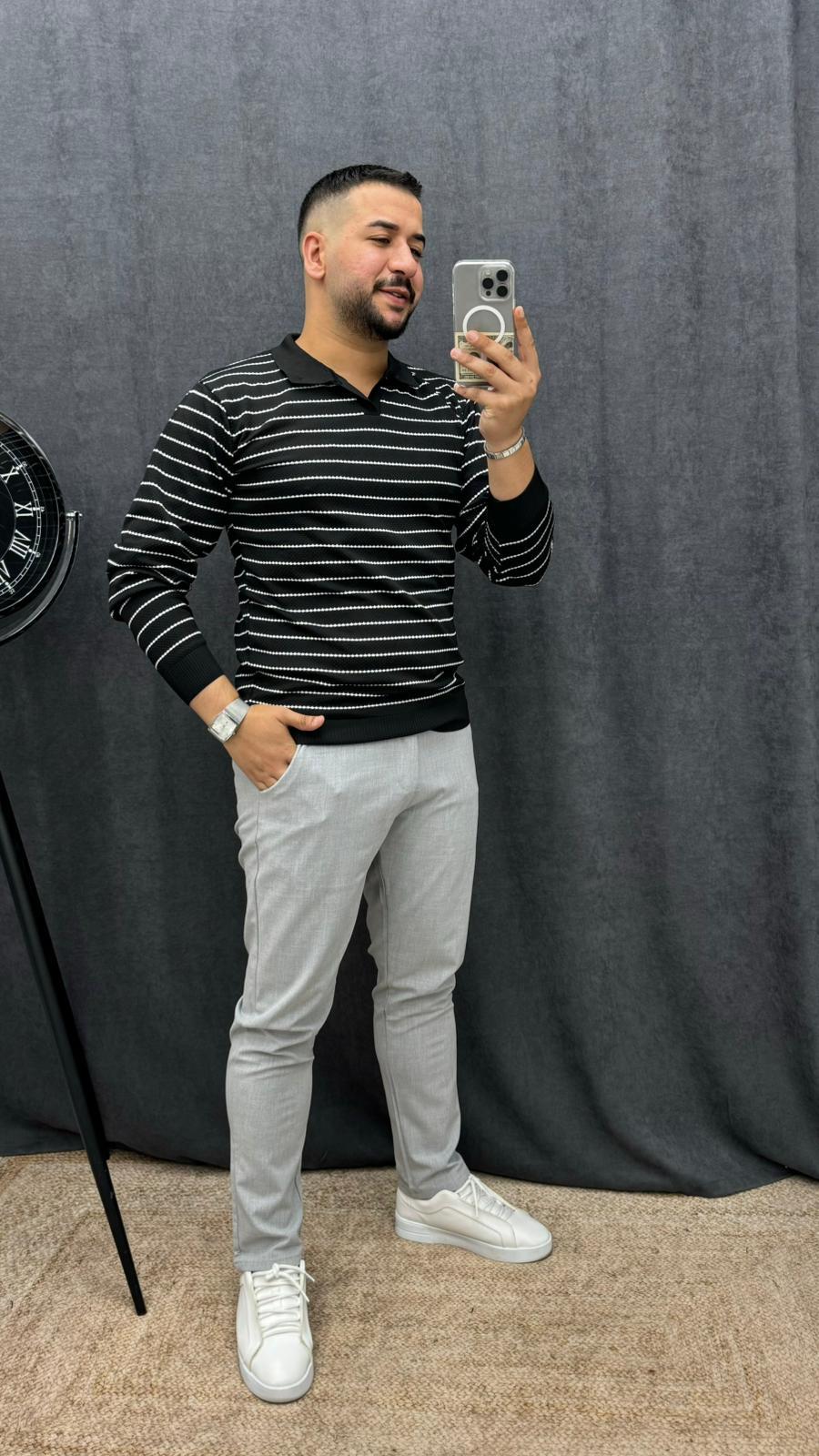 Apaj Yaka En Çizgili Slimfit Polo Yaka Triko Siyah