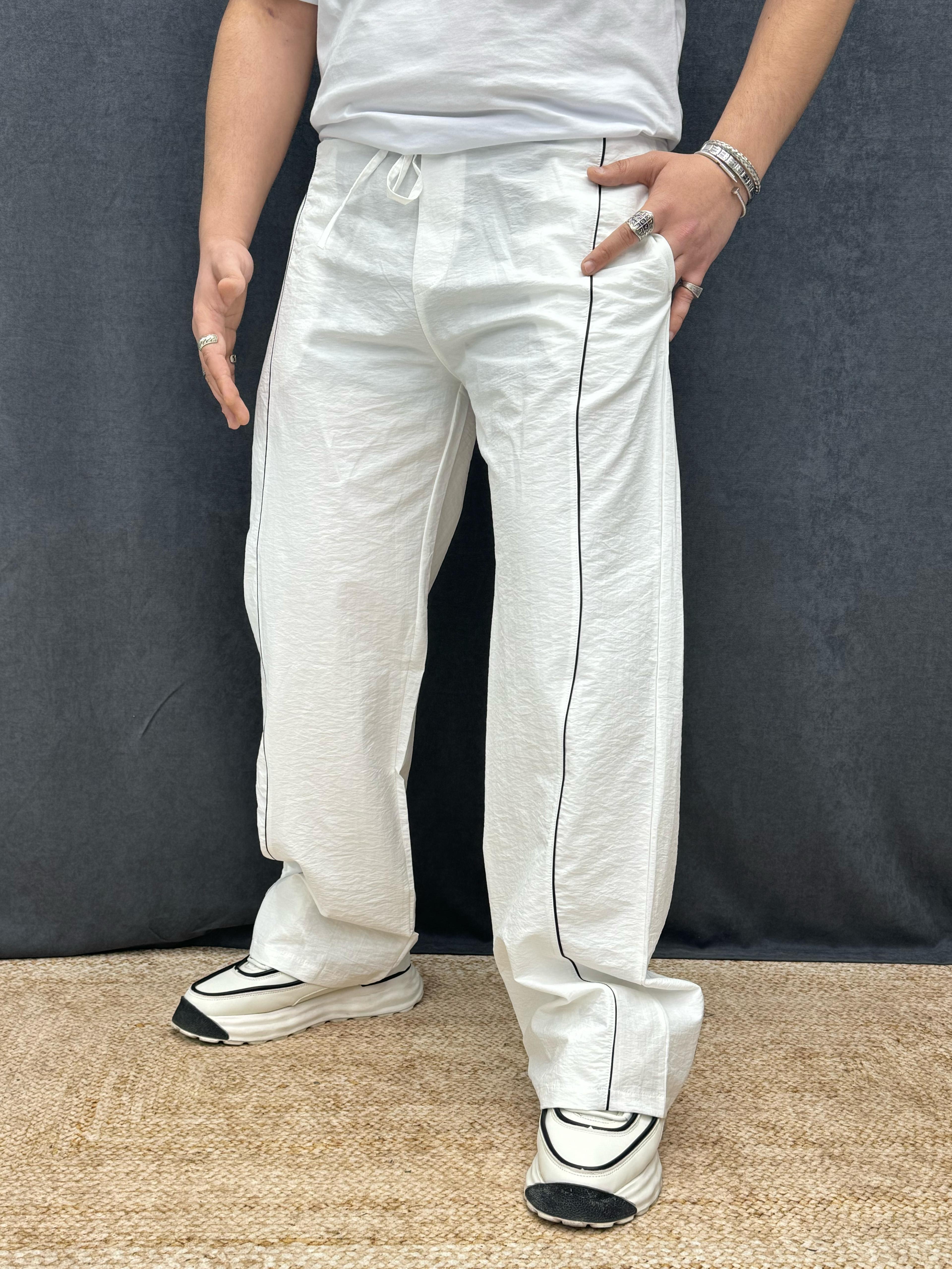 Baggy Paraşüt Biye Şerit Detaylı Pantolon Beyaz