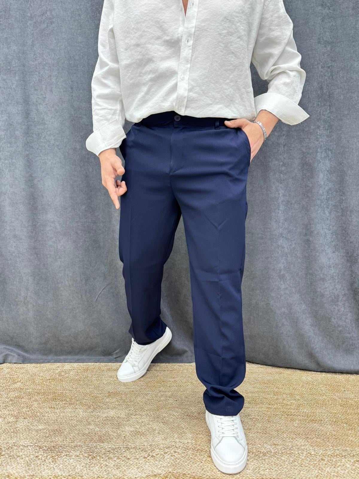 Baggy Tek Pileli Likralı Bel Lastikli Kumaş Pantolon Lacivert