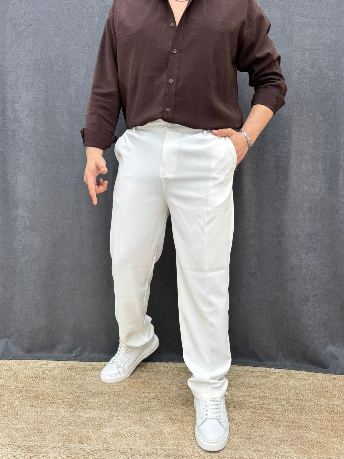 Baggy Tek Pileli Likralı Bel Lastikli Kumaş Pantolon Beyaz