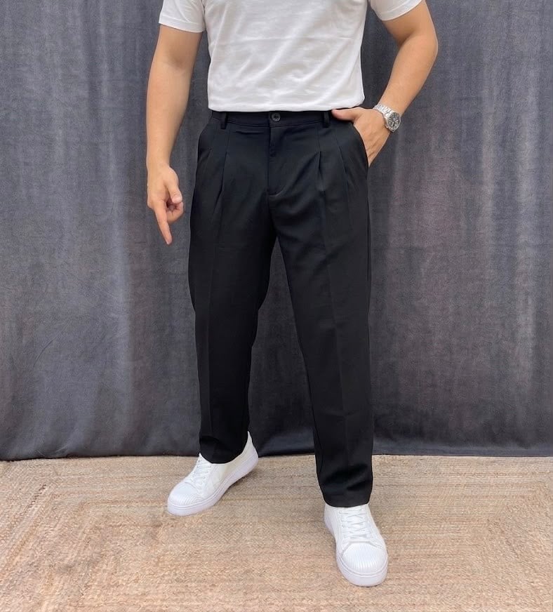 ÇİFT PİLE DETAYLI BEL LASTİKLİ BAGGY KIŞLIK KUMAŞ PANTOLON SİYAH