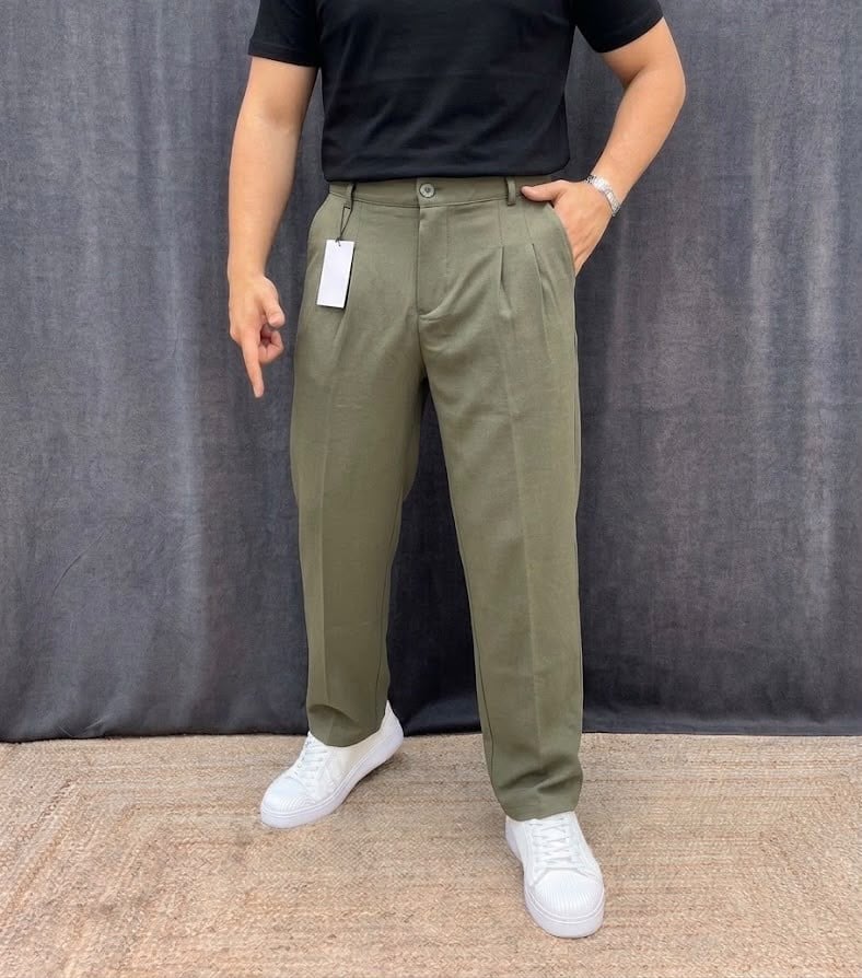ÇİFT PİLE DETAYLI BEL LASTİKLİ BAGGY KIŞLIK KUMAŞ PANTOLON HAKİ
