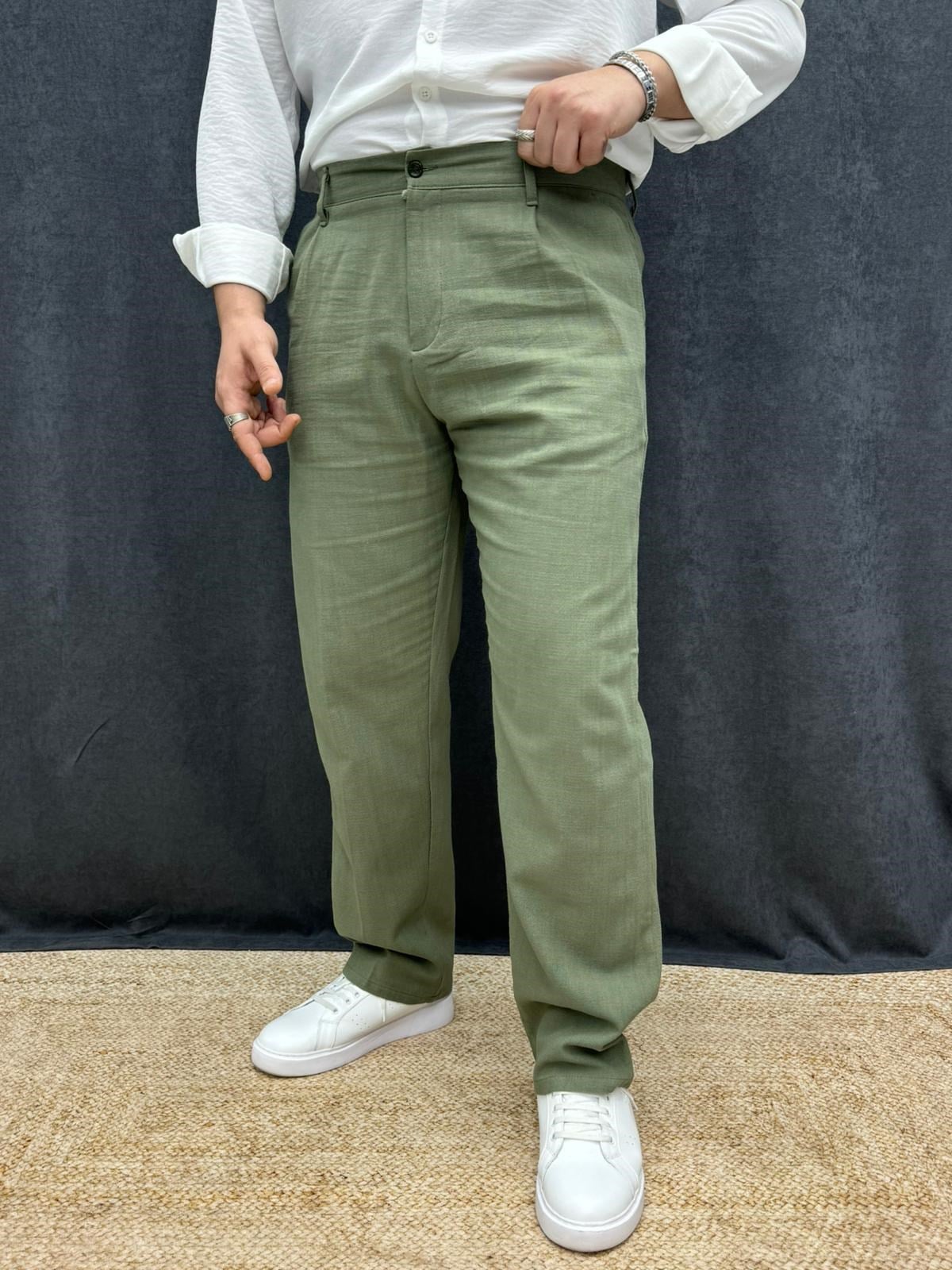 Ham Keten Bel Lastikli Tek Pileli Baggy Pantolon Yeşil