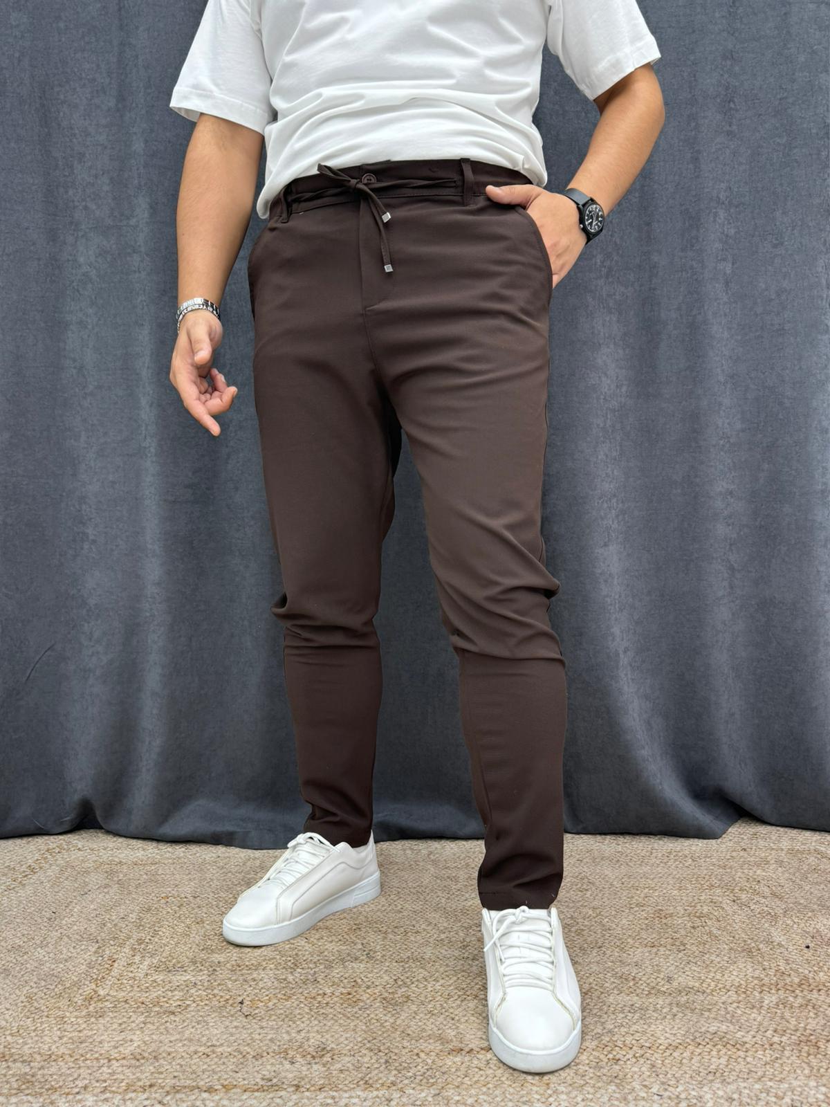 İp Bel Detaylı Slim Fit Likralı Kumaş Pantolon Kahverengi