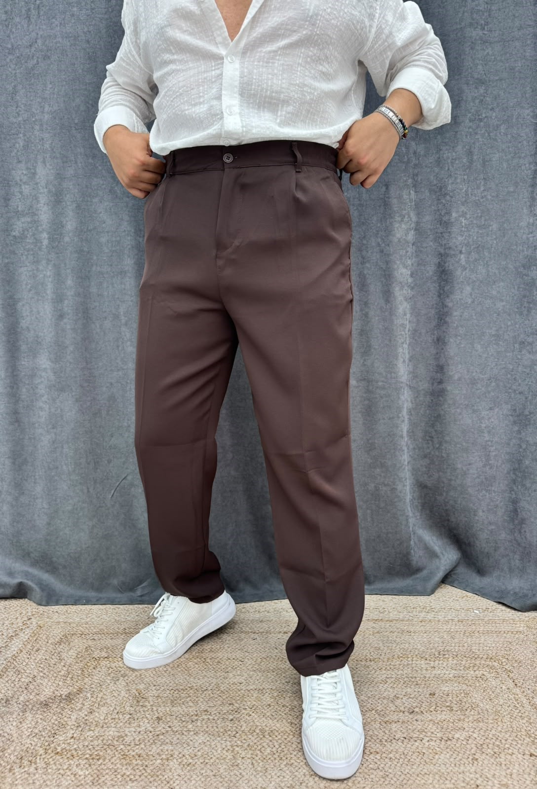 İthal Kumaş Tek Pileli Baggy Kumaş Pantolon Acı Kahve