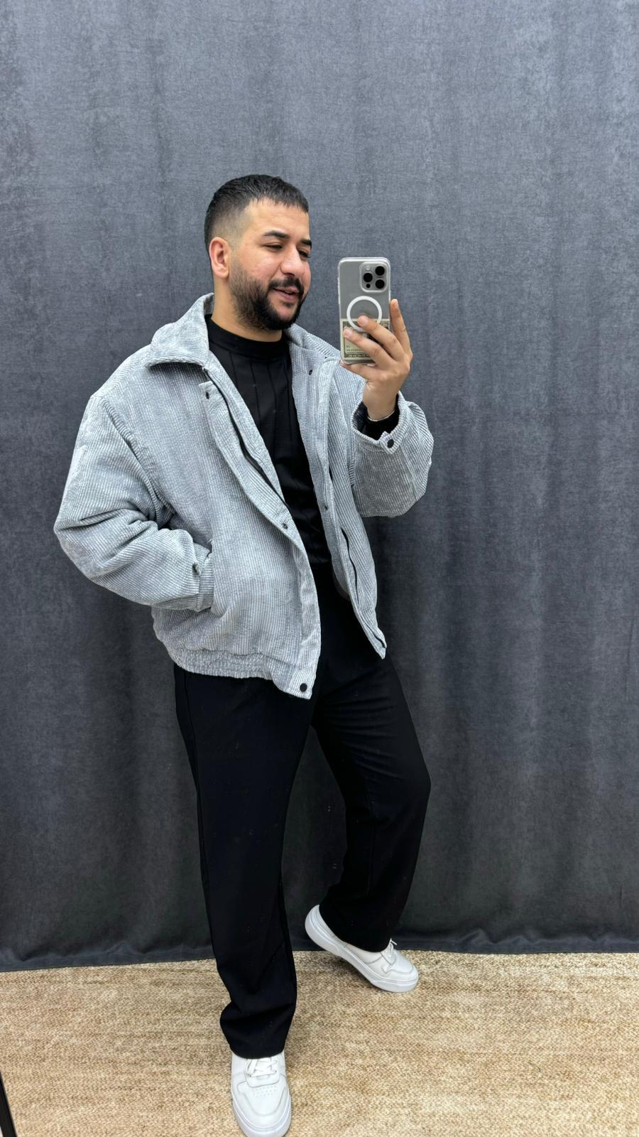 Kadife Şişme Oversize Mont Gri