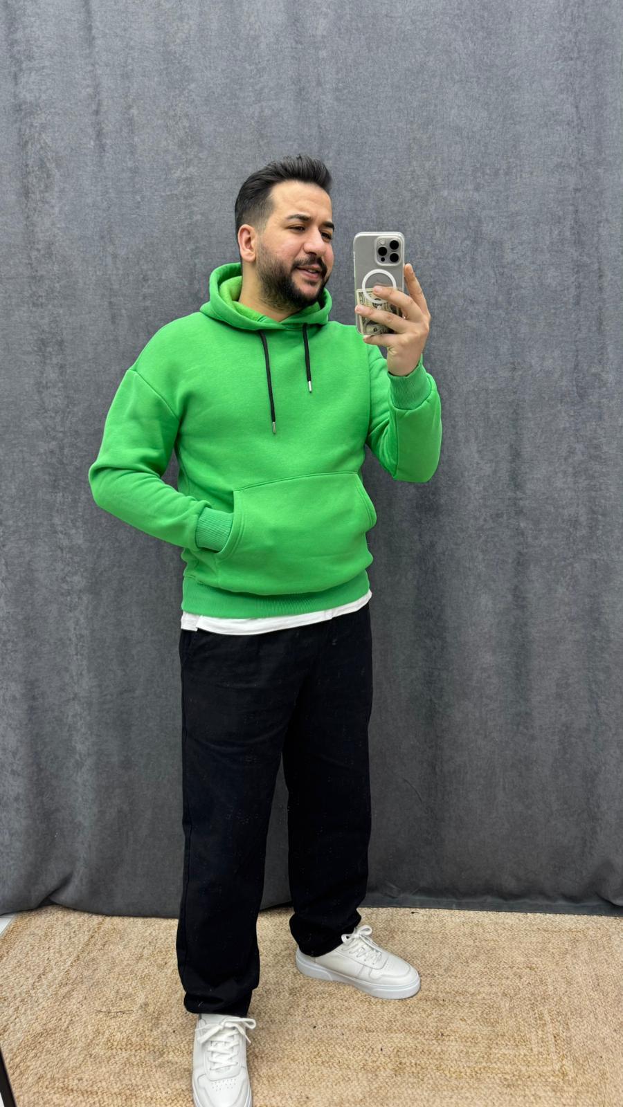 Kanguru Cep Detaylı 3 İplik Sweat Yeşil