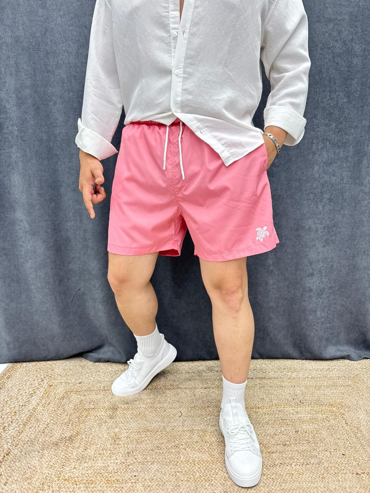 Kaplumbağa Baskılı İçi Astarlı Deniz Şortu Pembe