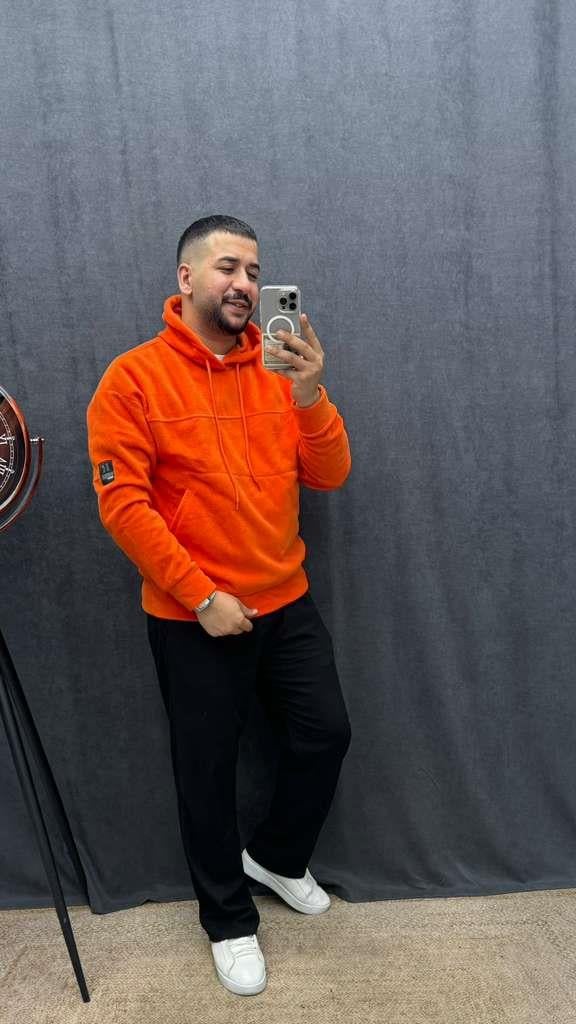 Kapüşonlu Parçalı Polar Sweat Turuncu