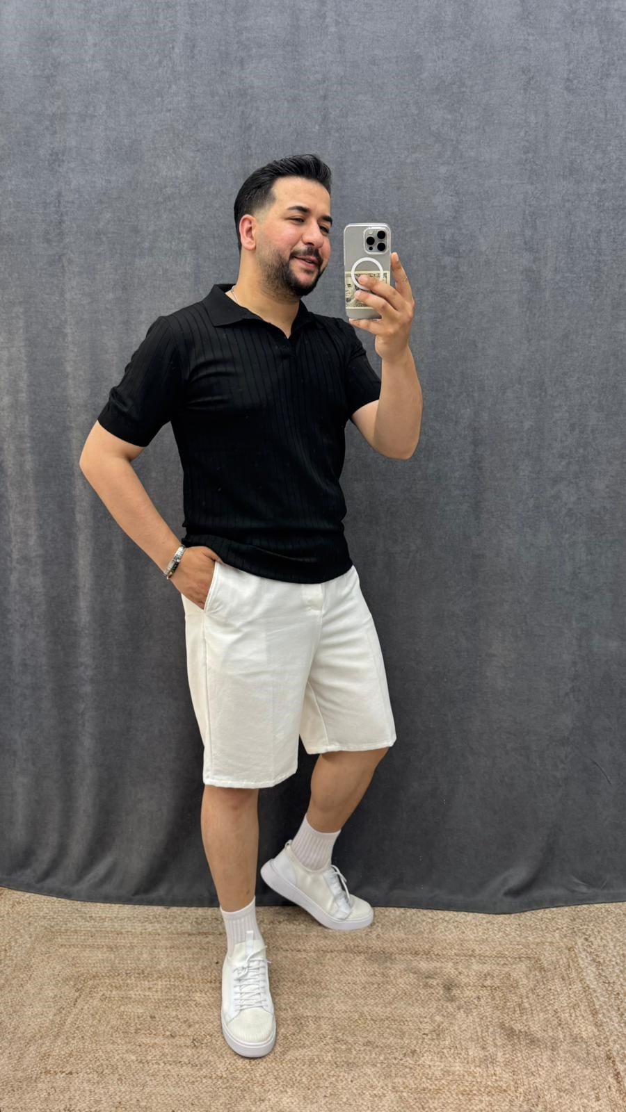 Kendinden Desenli Kol Lastikli Old Money Polo Yaka Trko Siyah