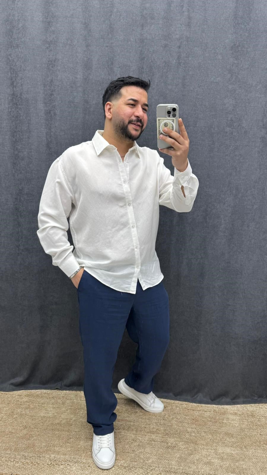 Kendinden Desenli Modal Kumaş Oversize Gömlek Beyaz