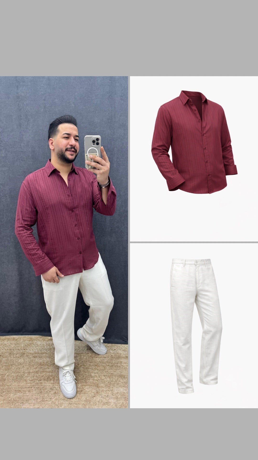 Kendinden Desenli Rahat Kalıp Keten Gömlek Ve Modal Kumaş Baggy Pantolon Bordo Beyaz