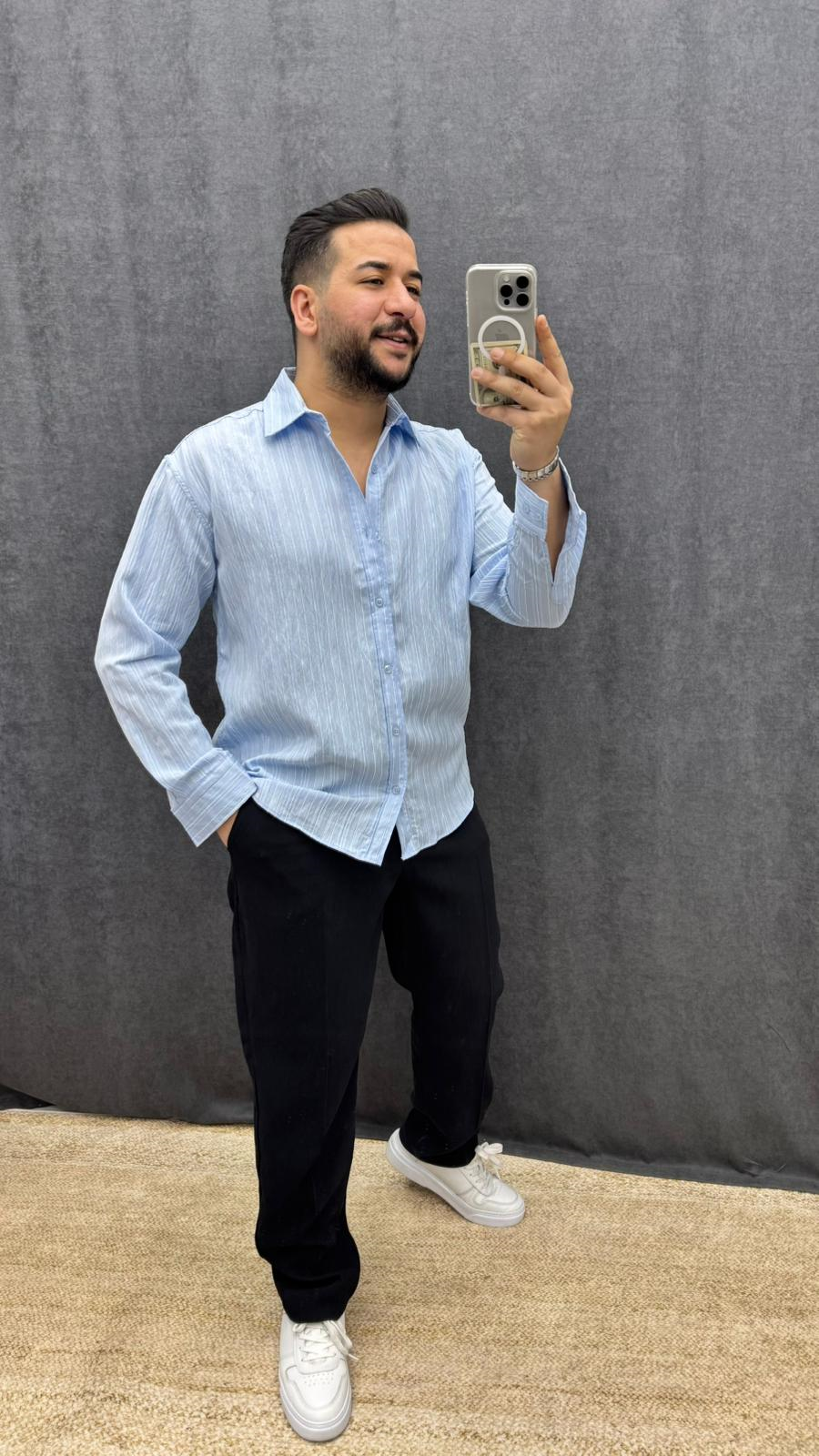 Keten Ütü Tutmaz Çizgili Oversize Gömlek Bebe Mavi