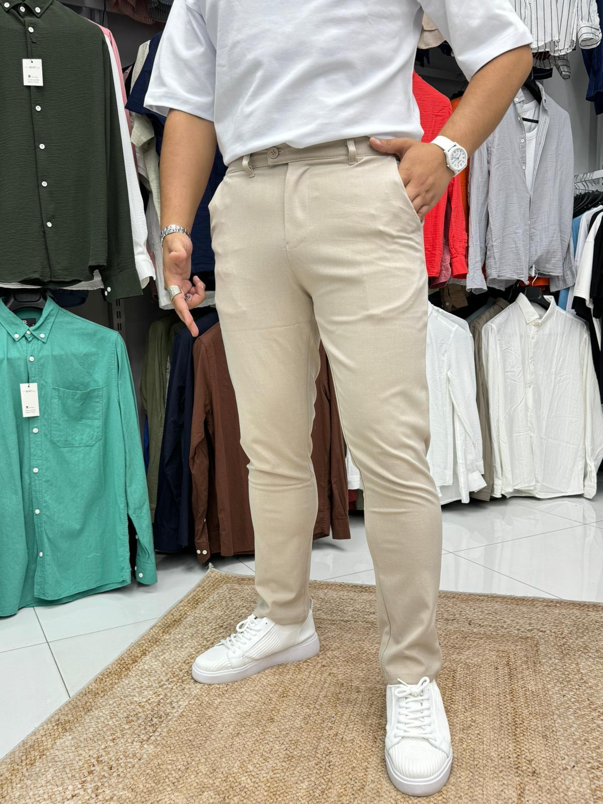 Kısa Dil Slim Fit Likralı Kumaş Pantolon Bej