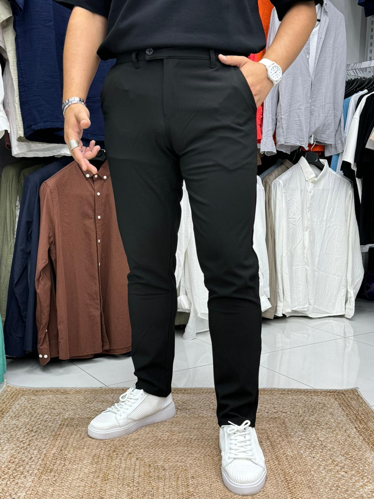 Kısa Dil Slim Fit Likralı Kumaş Pantolon Siyah