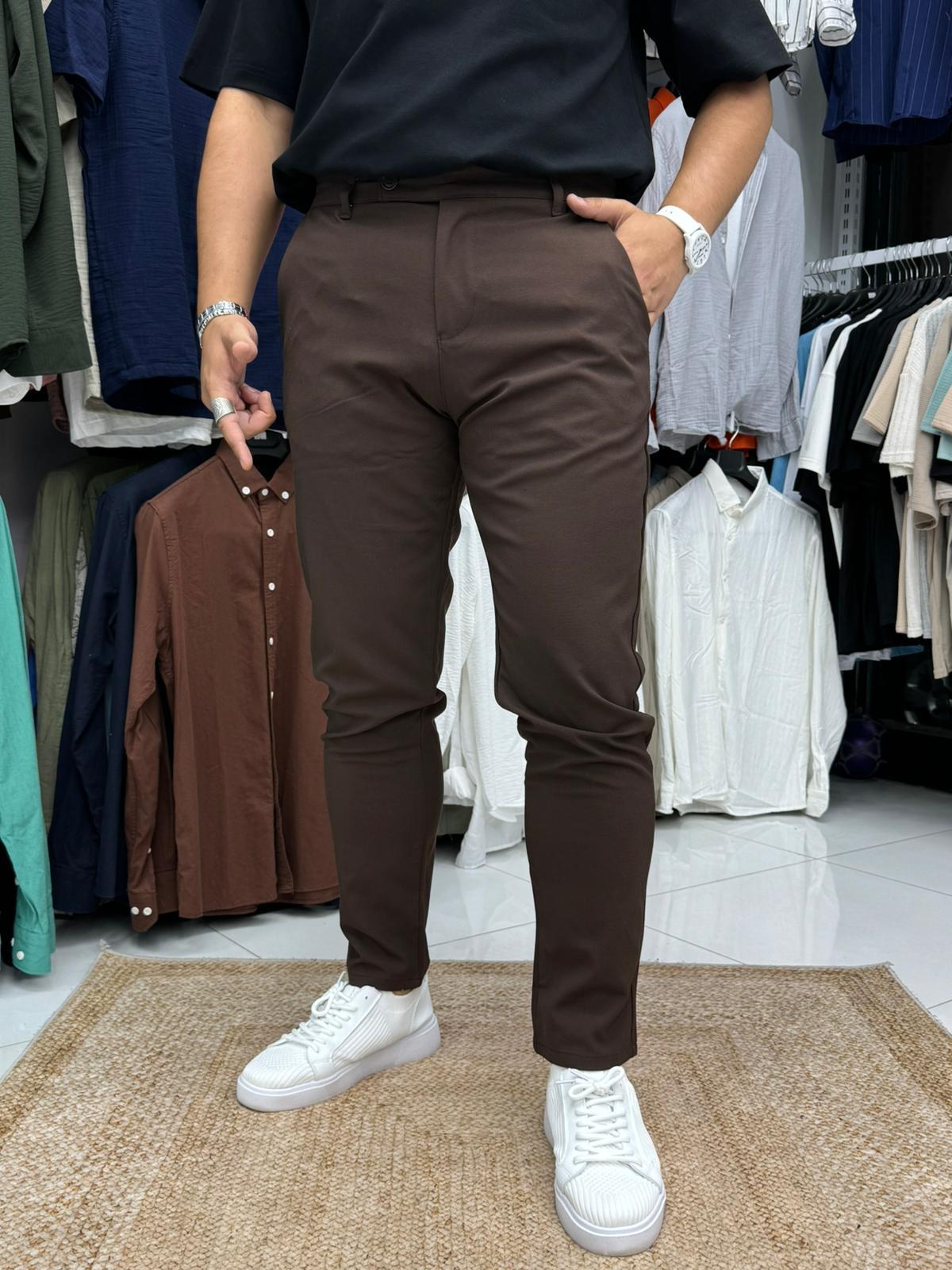 Kısa Dil Slim Fit Likralı Kumaş Pantolon Acı Kahve