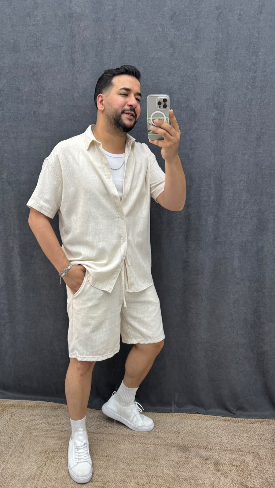 Kısa Kol Şortlu Keten Oversize Takım Krem
