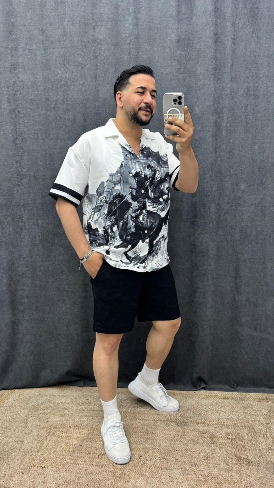 Kovboy Dijital Baskılı Oversize Kısa Kol Gömlek