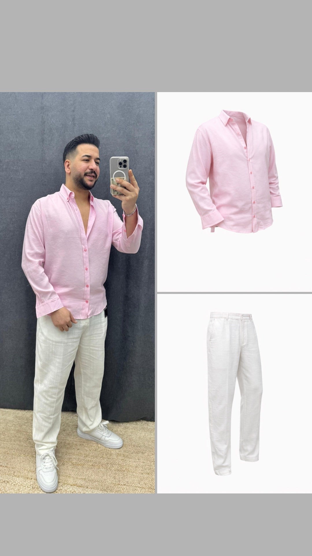 Modal Kumaş Rahat Kalıp Gömlek Ve Ham Keten Tek Pileli Baggy Pantolon Pembe Beyaz
