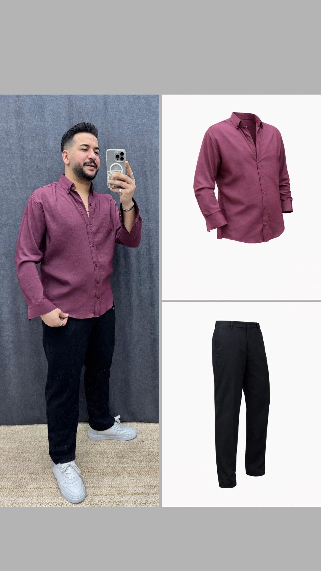 Modal Kumaş Rahat Kalıp Gömlek Ve Ham Keten Tek Pileli Baggy Pantolon Bordo Siyah
