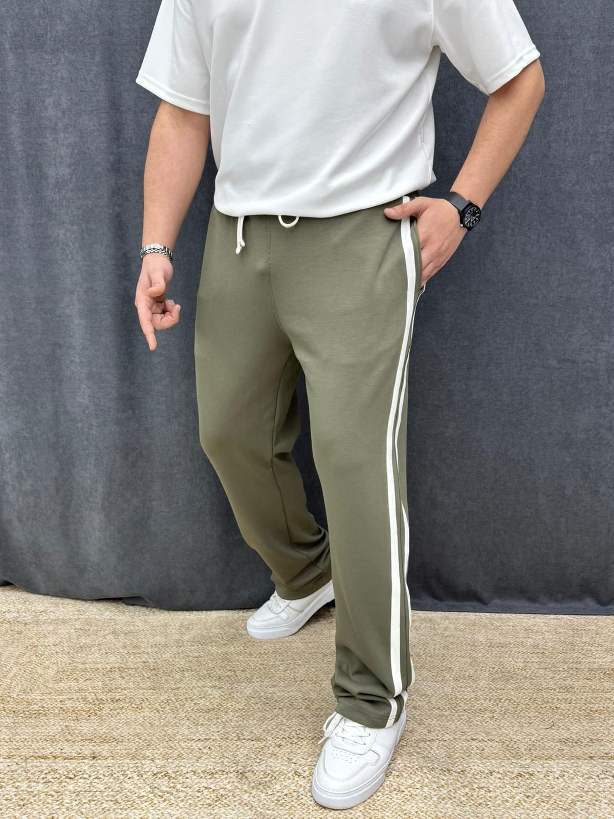 Modal Kumaş Şeritli Baggy Pantolon Haki