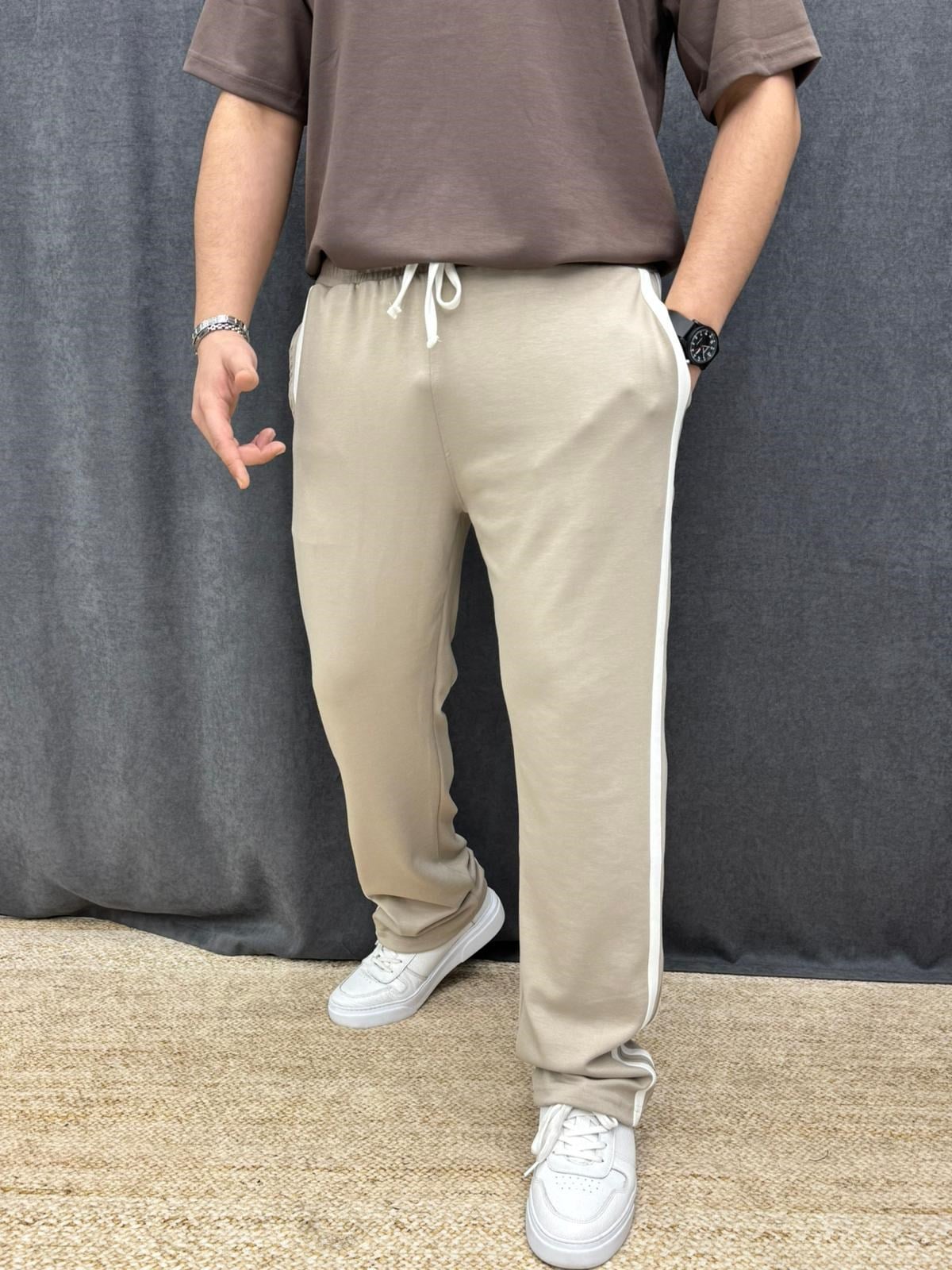 Modal Kumaş Şeritli Baggy Pantolon Krem