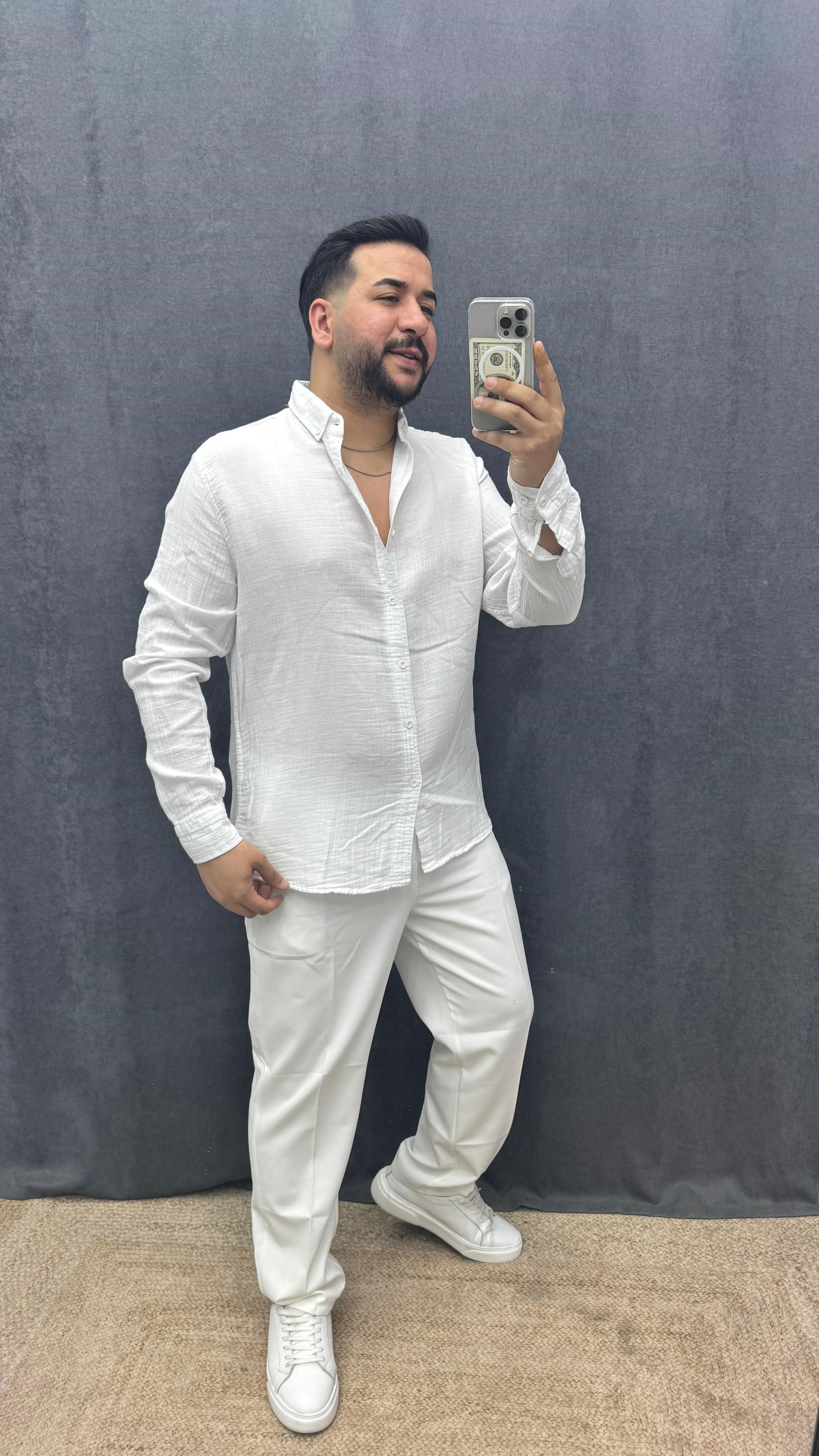Müslin Yıkamalı Kumaş Rahat Kalıp Gömlek Beyaz