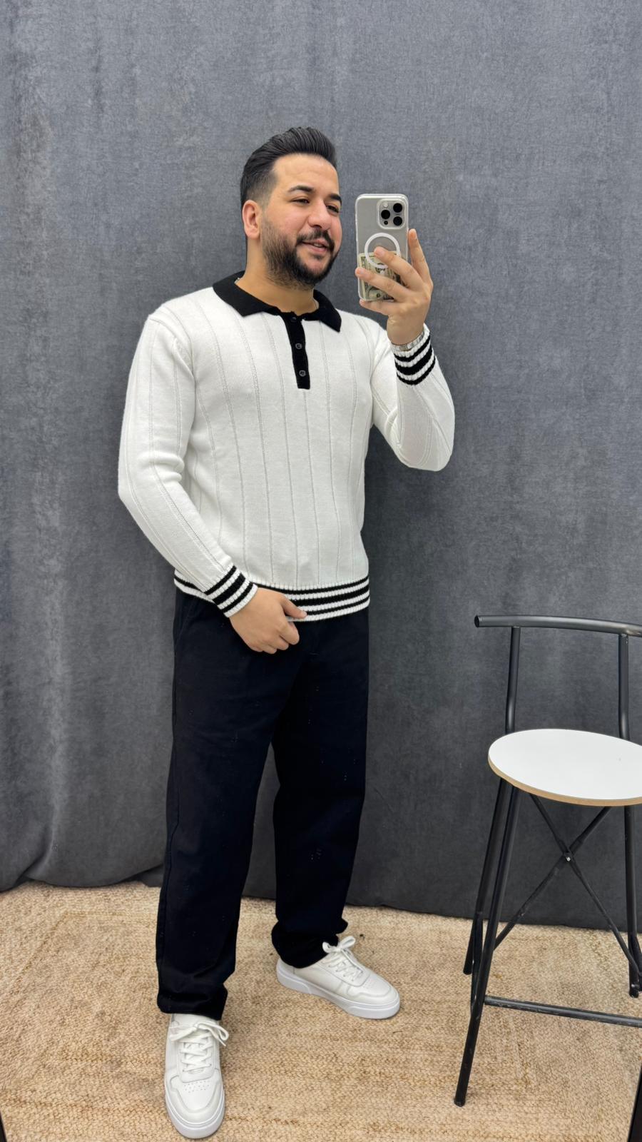 Örme Etek Kol Şerit Detaylı Polo Yaka Triko Beyaz